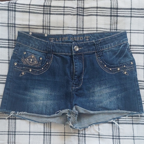 Blue Jean Shorts with Frayed Hem and Medium Wash - Picture 1 of 4